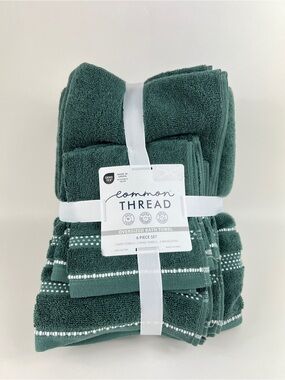 Common Thread Bath Towel Set Green White Quick Dry Low Twist Cotton 6 Pc NEW